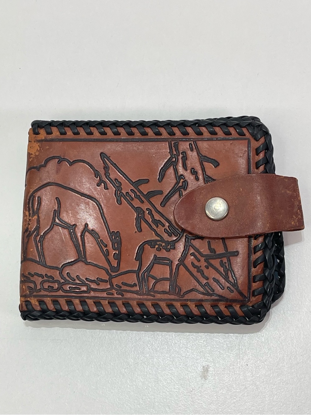 Vintage Tooled Wildlife Western Country Bifold Leather Whipstitch Brown Wallet